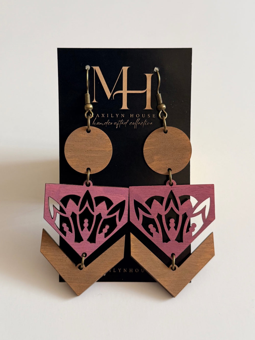 Boho Pink Wooden Drop Dangle Earrings