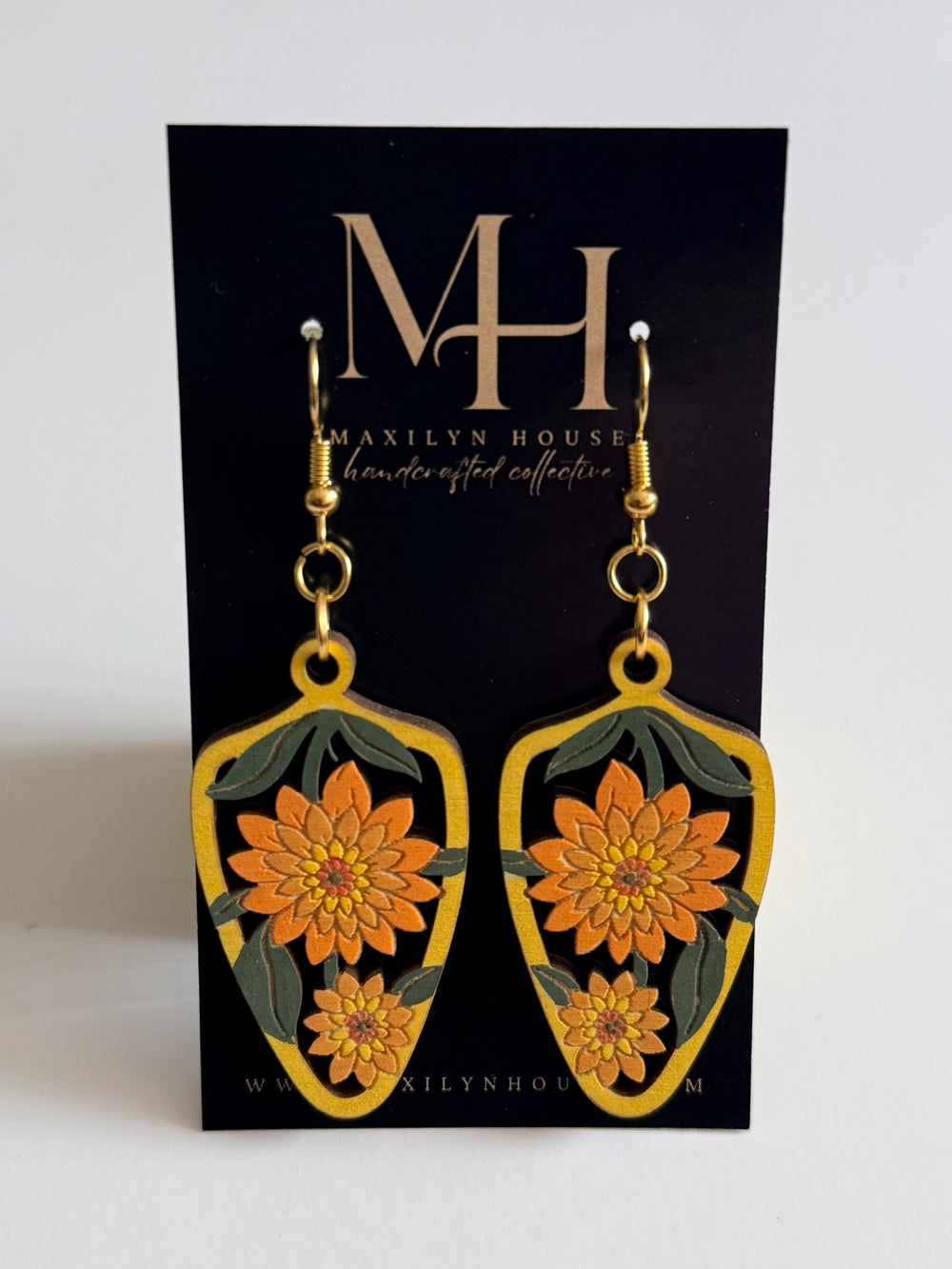 Boho Orange Floral Wooden Dangle Earrings