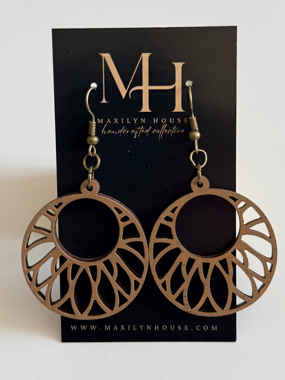 Round Brown Geometric Wooden Dangle Earrings