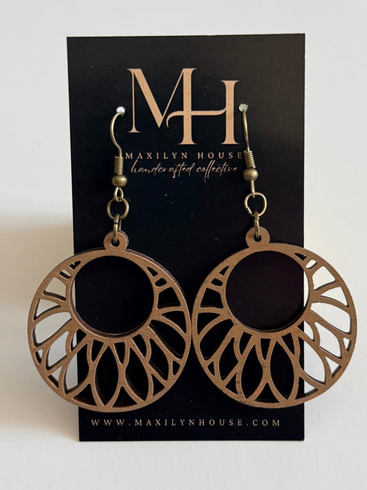 Round Brown Geometric Wooden Dangle Earrings