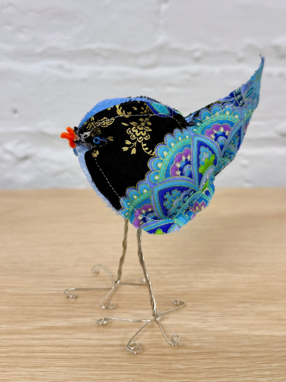 08 - Quilted Fabric Bird | Black & Blue Paisley