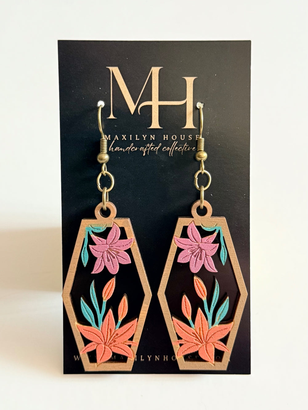 Boho Pink Orange Lilly Floral Wooden Dangle Earrings