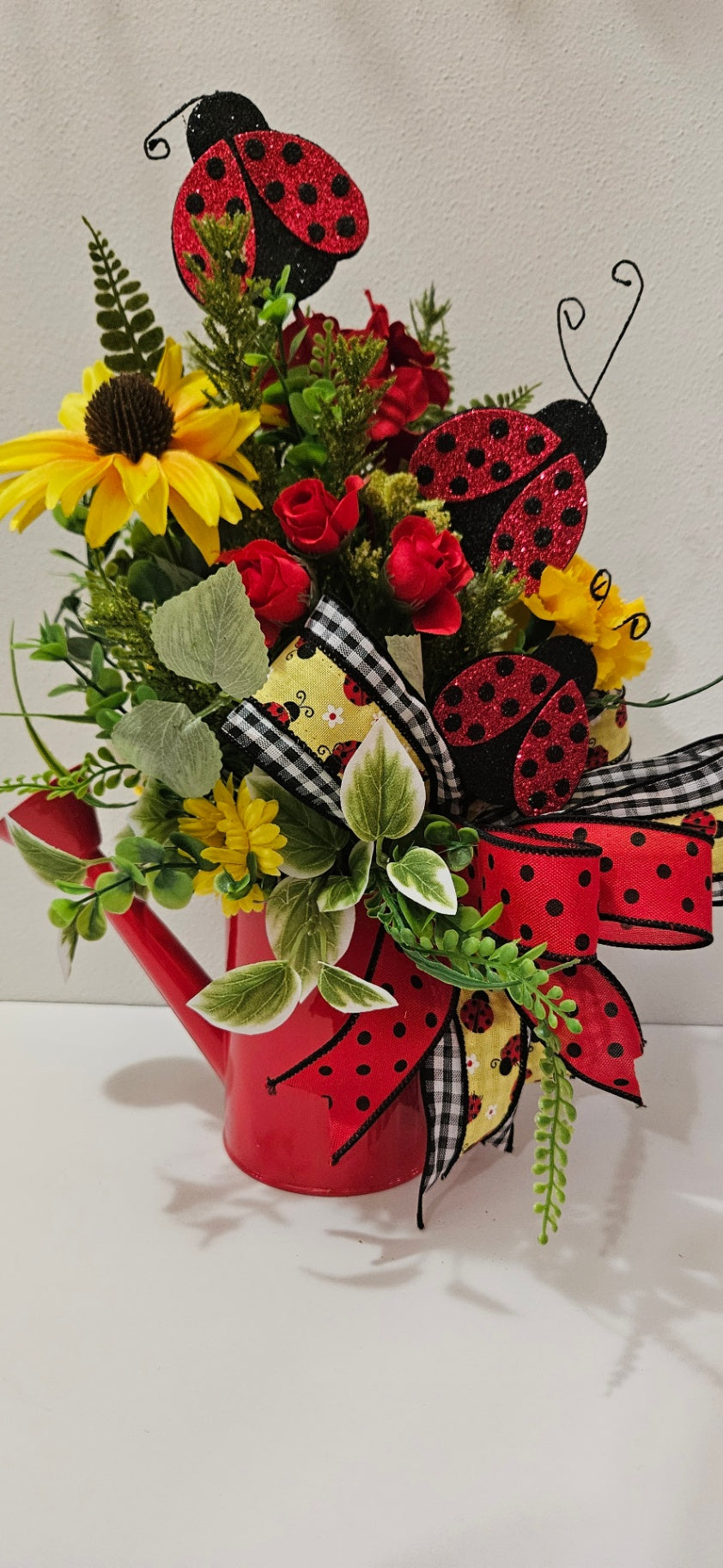 054 - Ladybug Floral Sprinkle Watering Can Centerpiece