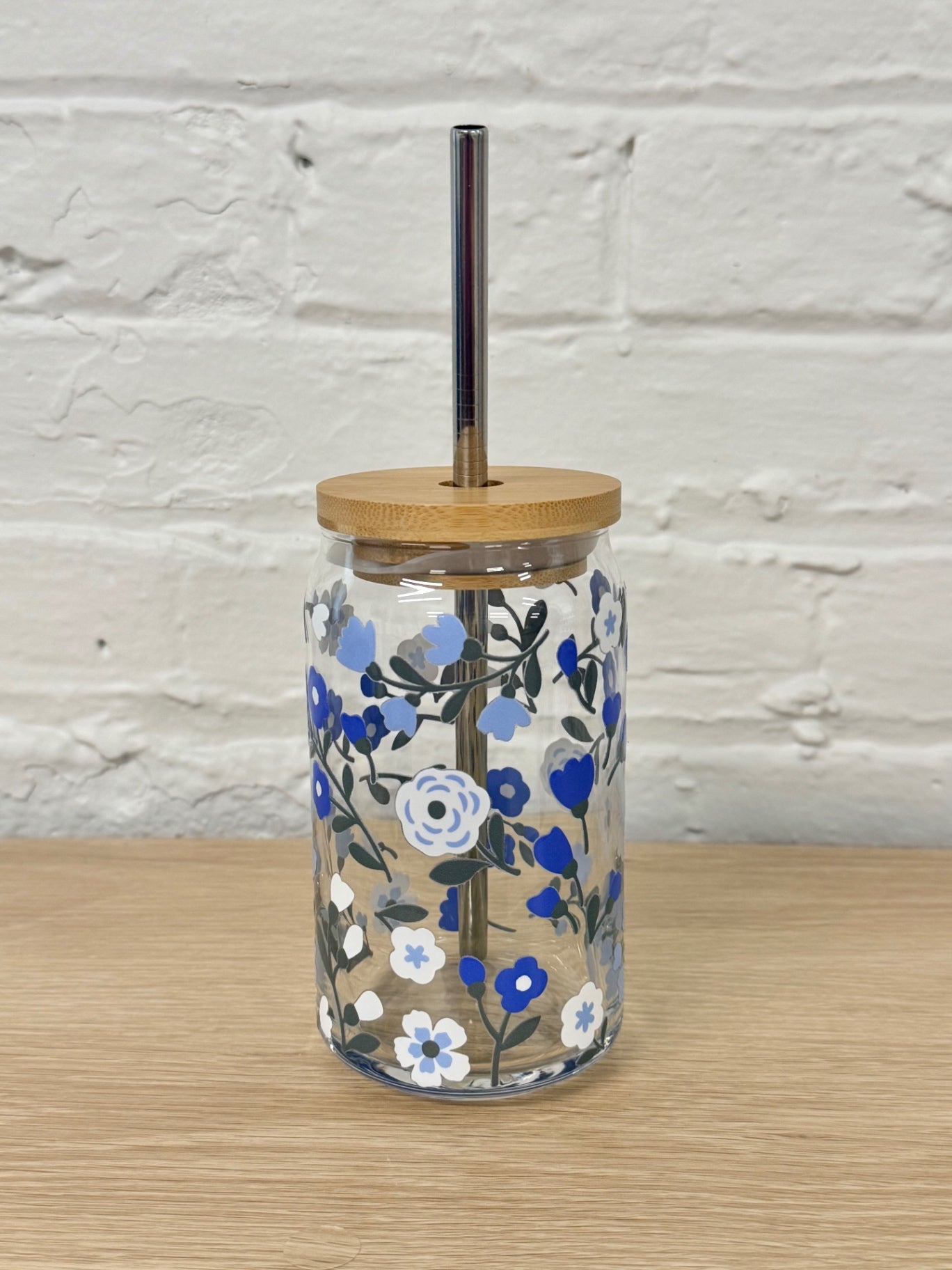 059 - Blue Flowers 16oz Glass Can Cup with Straw