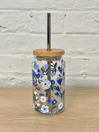 059 - Blue Flowers 16oz Glass Can Cup with Straw