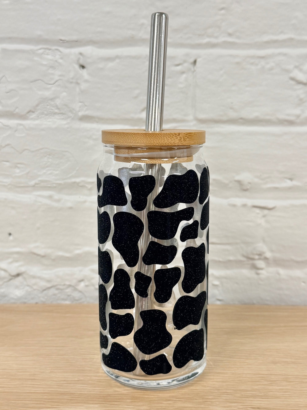 059 - Cow Print  20oz Glass Can Cup with Straw