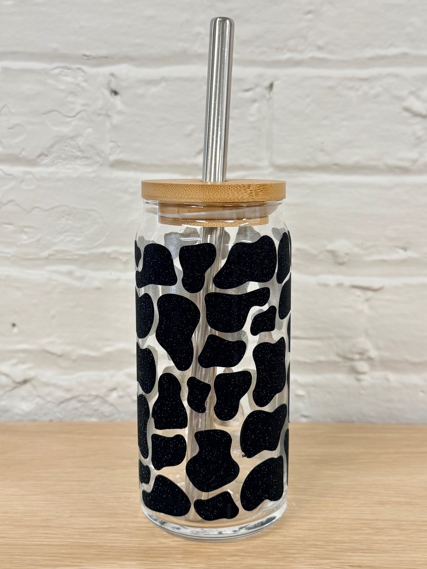 059 - Cow Print Glass Cup with Straw