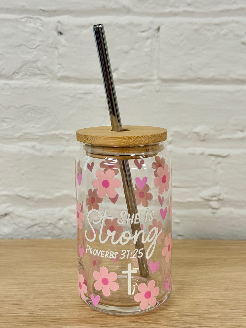 059 - "She is Strong Proverbs 31:25" Scripture  16oz Glass Can Cup with Straw
