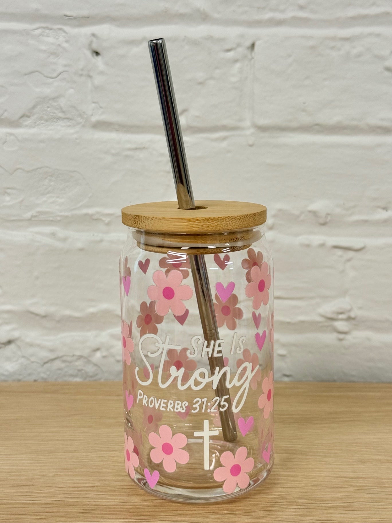 059 - "She is Strong Proverbs 31:25" Scripture Glass Cup with Straw