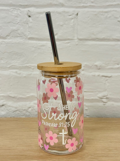 059 - "She is Strong Proverbs 31:25" Scripture Glass Cup with Straw