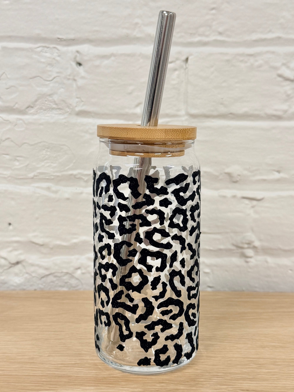 059 - Leopard Print  20oz Glass Can Cup with Straw