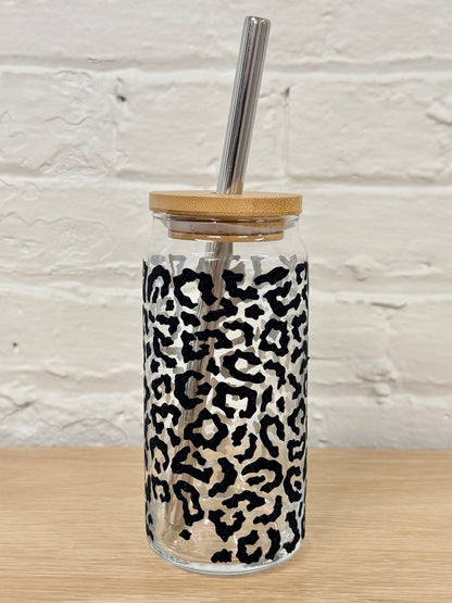 059 - Leopard Print Glass Cup with Straw
