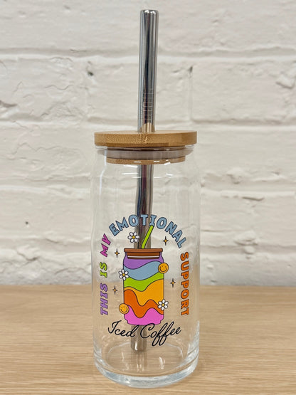 059 - Emotional Support Beverage 20oz Glass Can Cup with Straw
