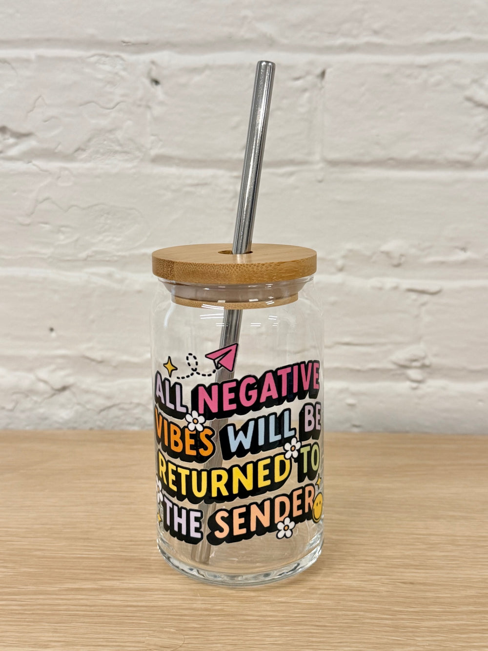 059 - All Negative Vibes Will Be Returned to Sender 16oz Glass Can Cup with Straw