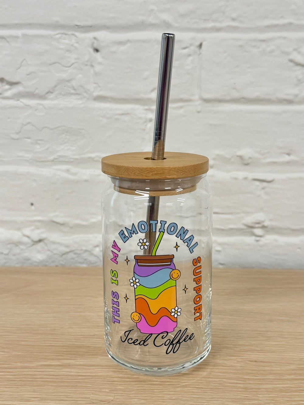 059 - Emotional Support Iced Coffee 16oz Glass Can Cup with Straw