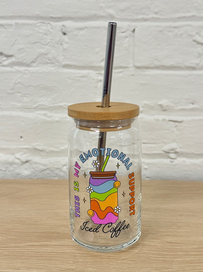 059 - Emotional Support Iced Coffee 16oz Glass Can Cup with Straw