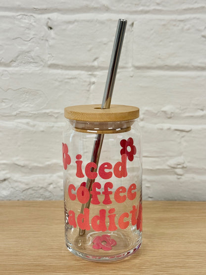 059 - Iced Coffee Addict Glass Cup with Straw