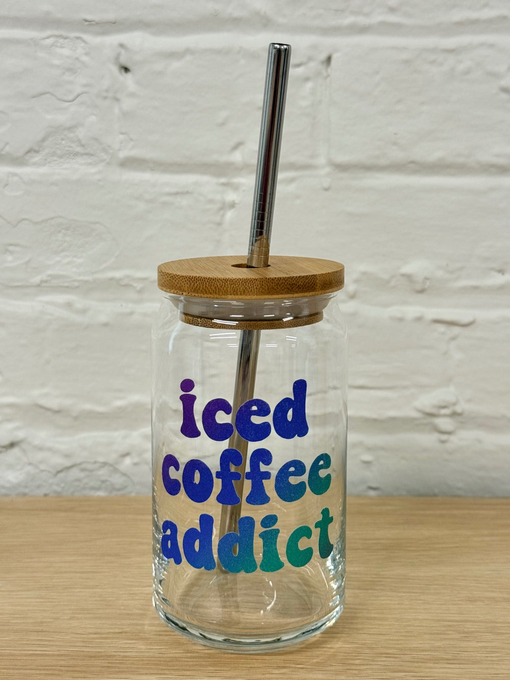 059 - Iced Coffee Addict  16oz Glass Can Cup with Straw