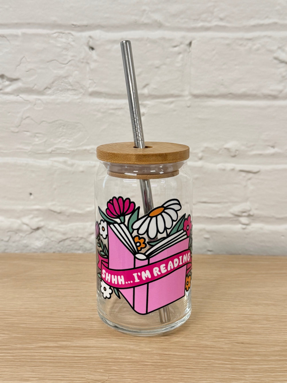 059 - Shh…I’m Reading 16oz Glass Can Cup with Straw