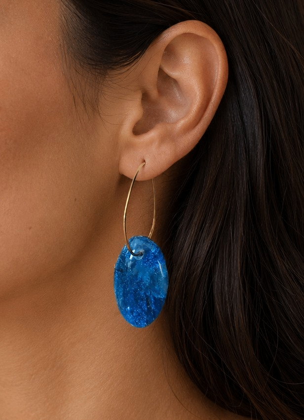 025 - Deep Blue Crystalline Hoop Dangle Earrings