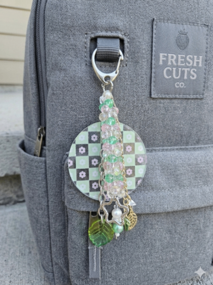 025 - Pink and Green Retro Flower Bag Charm Keychain