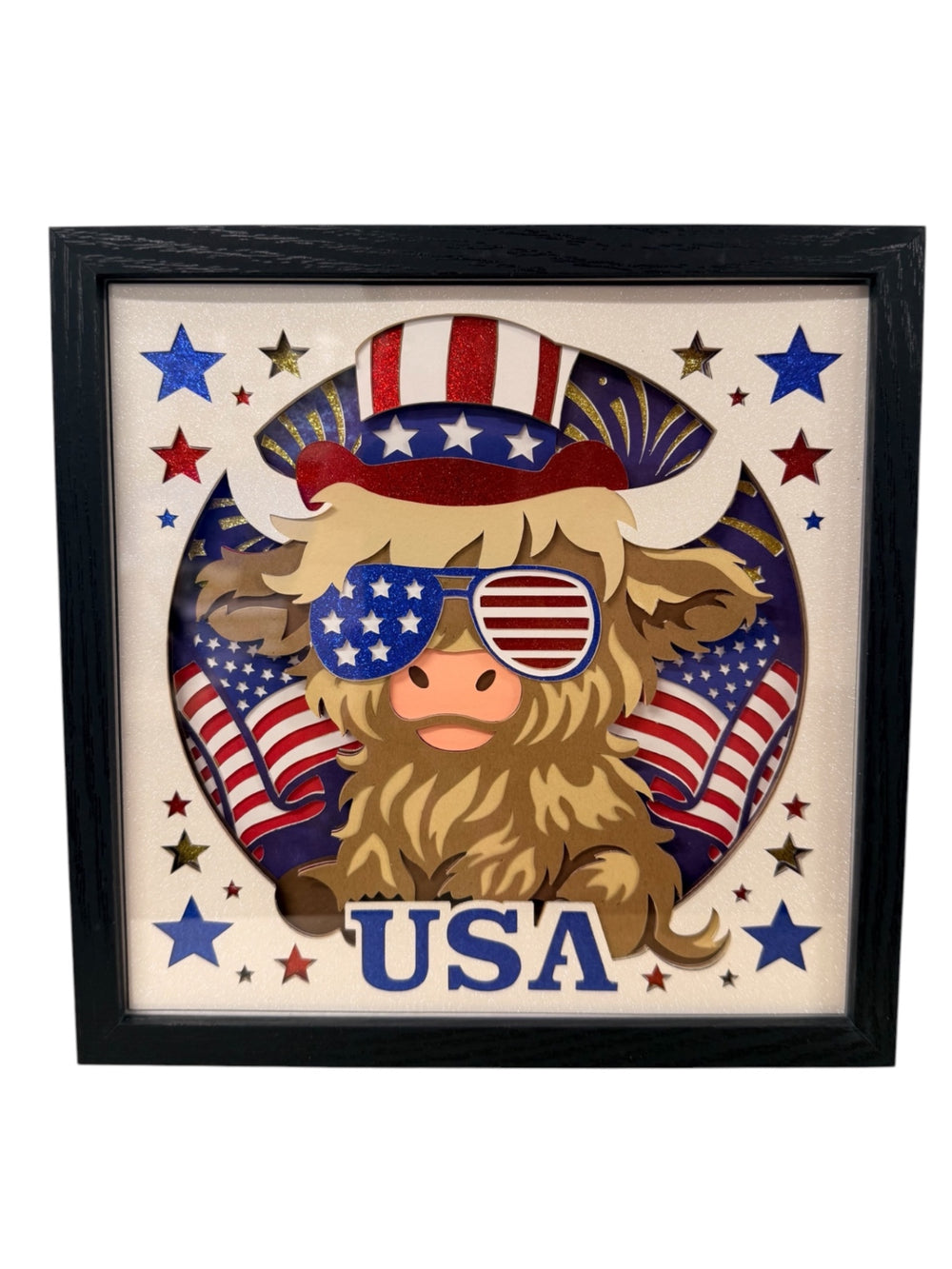 Patriotic Highland Cow Shadowbox with Easel