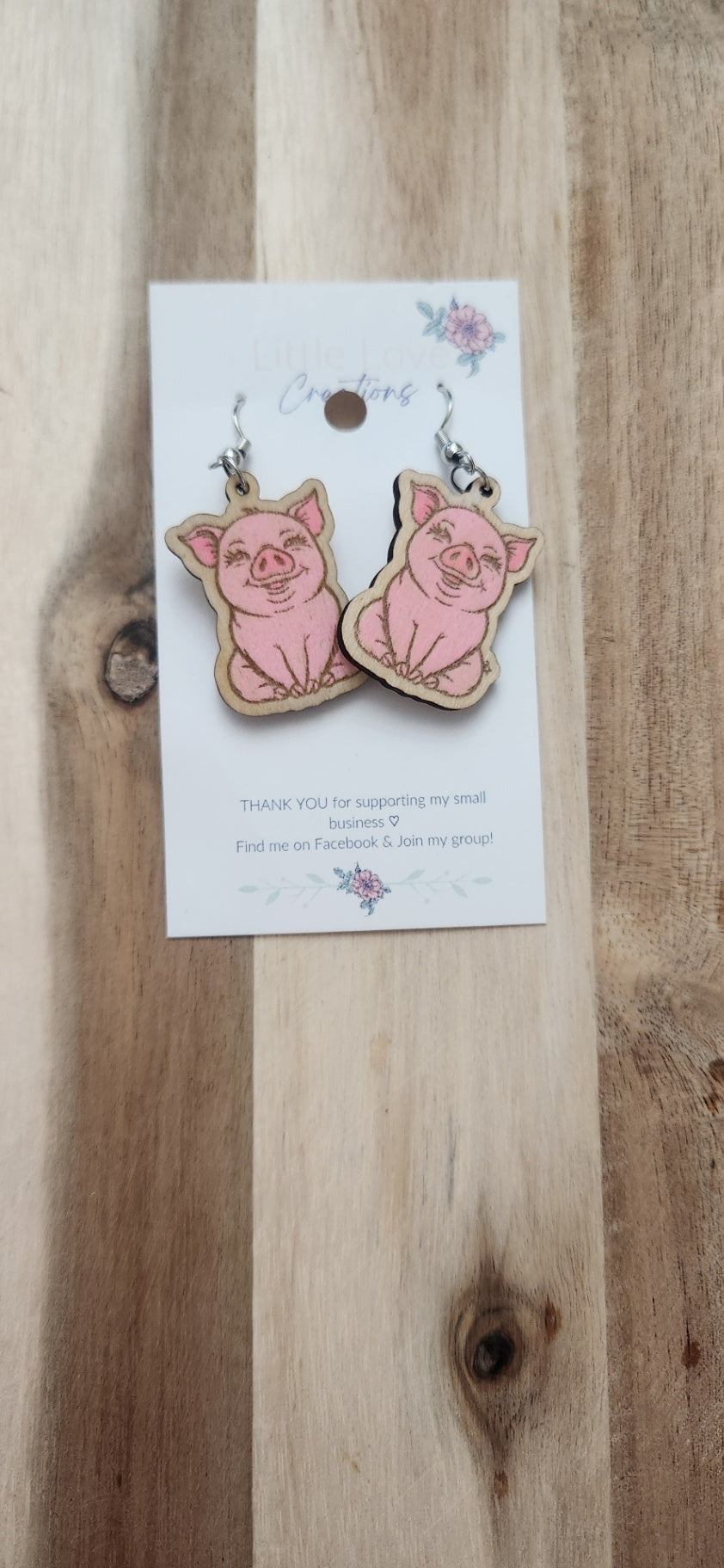 011 - Wooden Pig Dangle Earrings
