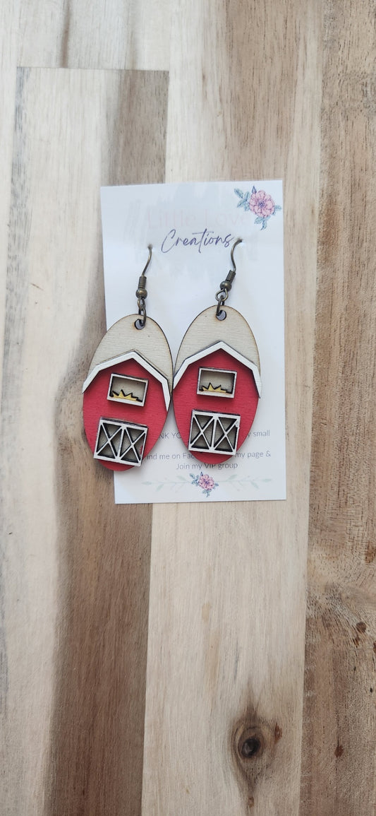011 - Red Barn Wooden Dangle Earrings
