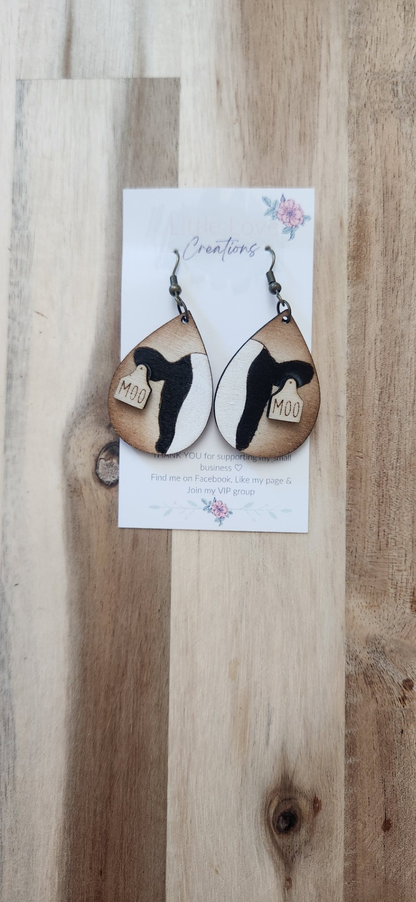 011 - "Moo" Cow Wooden Dangle Earrings