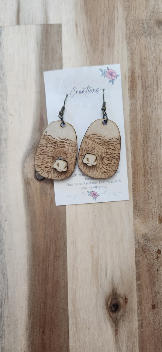 011 - Blowing Hair Highland Cow Wooden Dangle Earrings