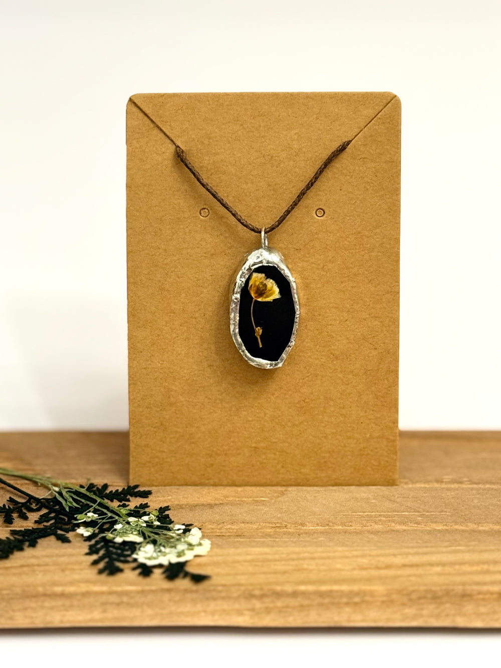 057 - Pressed Flower Stained Glass Pendant Necklace | Black