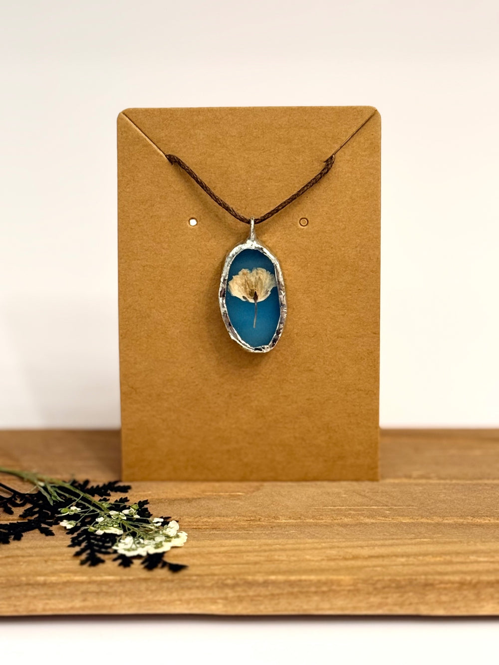 057 - Pressed Flower Stained Glass Pendant Necklace | Blue