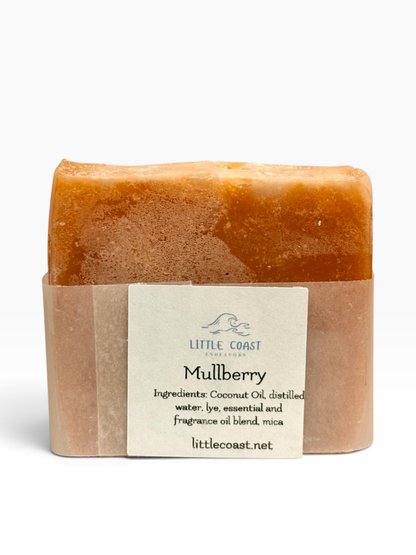 A rectangular bar of Little Coast Endeavors soap in the 'Mullberry' scent, wrapped in a kraft paper sleeve with a white paper label, set against a plain white background.