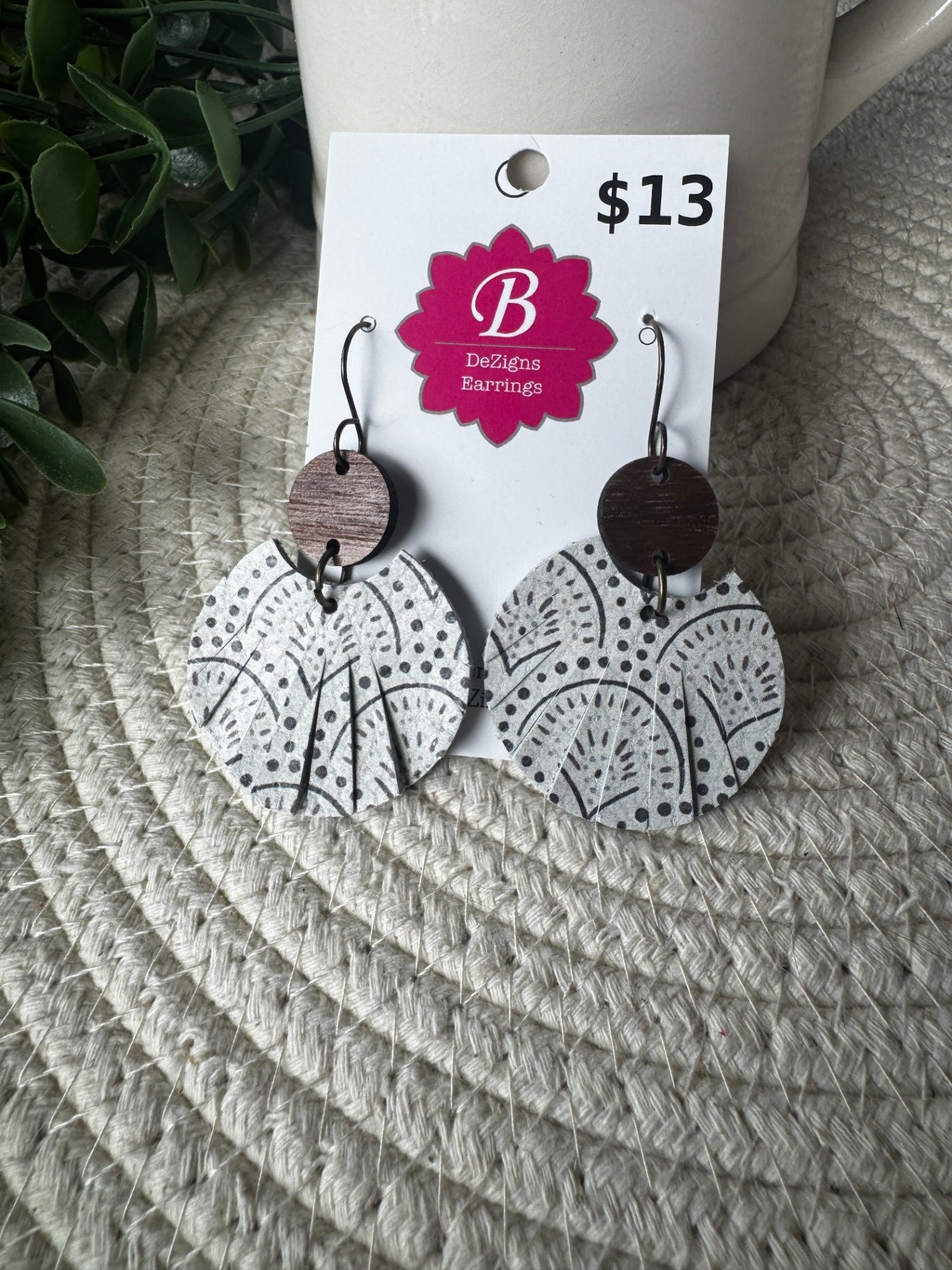 071 - Boho Deco Leather & Wood Dangle Earrings 