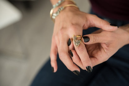 072 - Gold Plated Pyrite & Strawberry Quartz Adjustable Ring - Size 7+