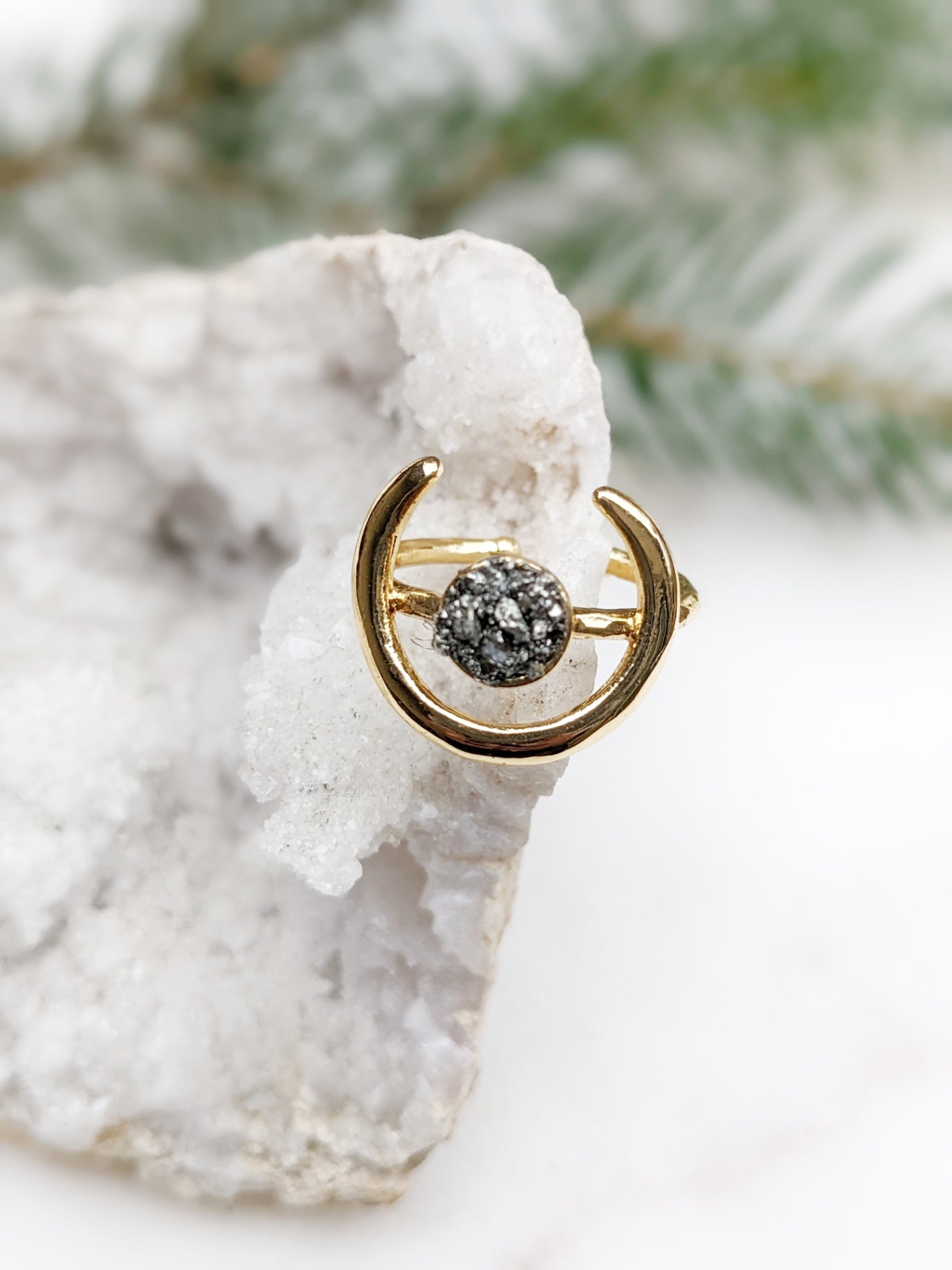 072 - Gold Crescent Moon Pyrite Ring - Adjustable Celestial Jewelry, Raw Crystal Boho Ring