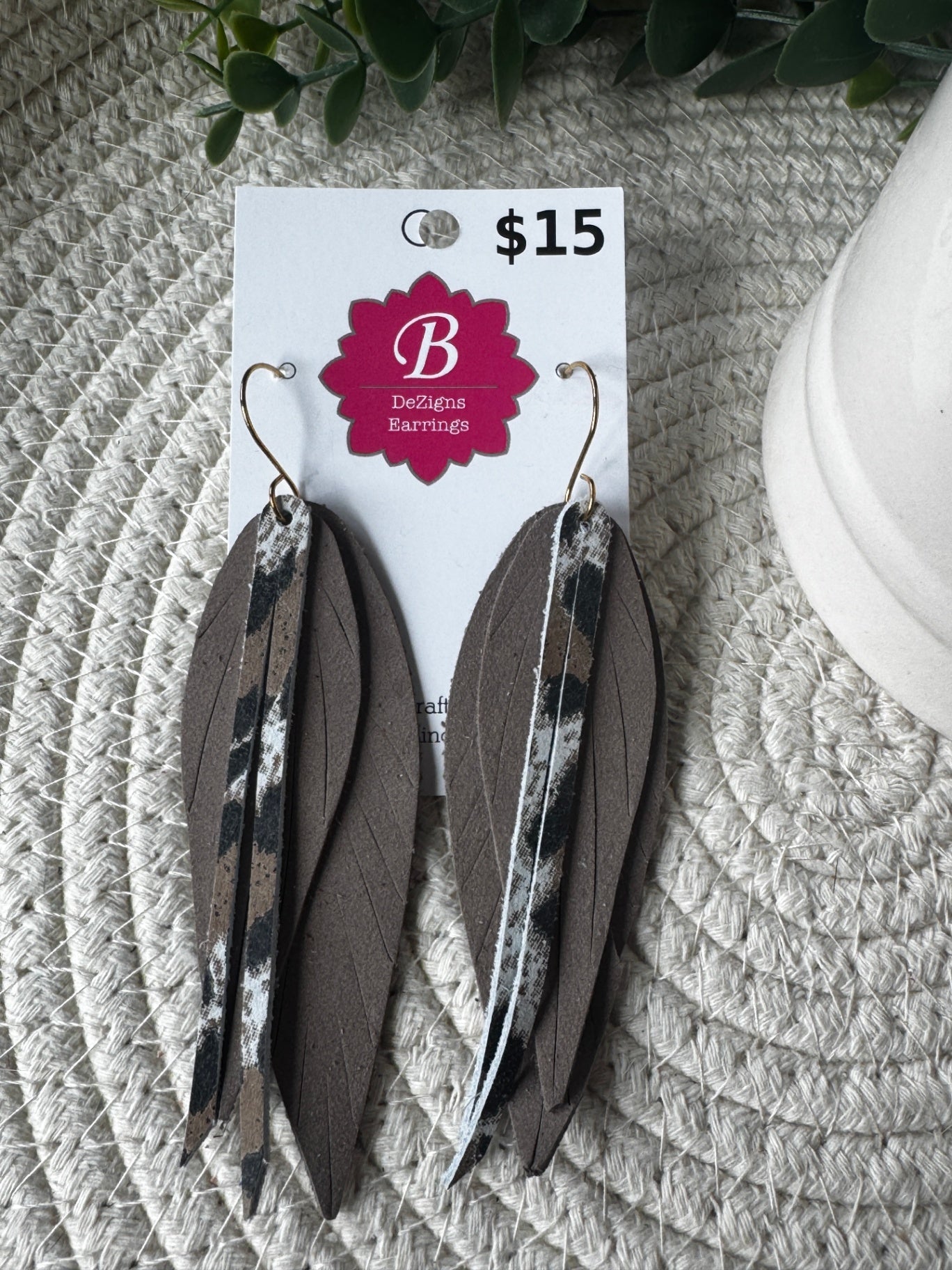 071 - Taupe Suede & Snow Leopard Layered Fringe Feather Earrings