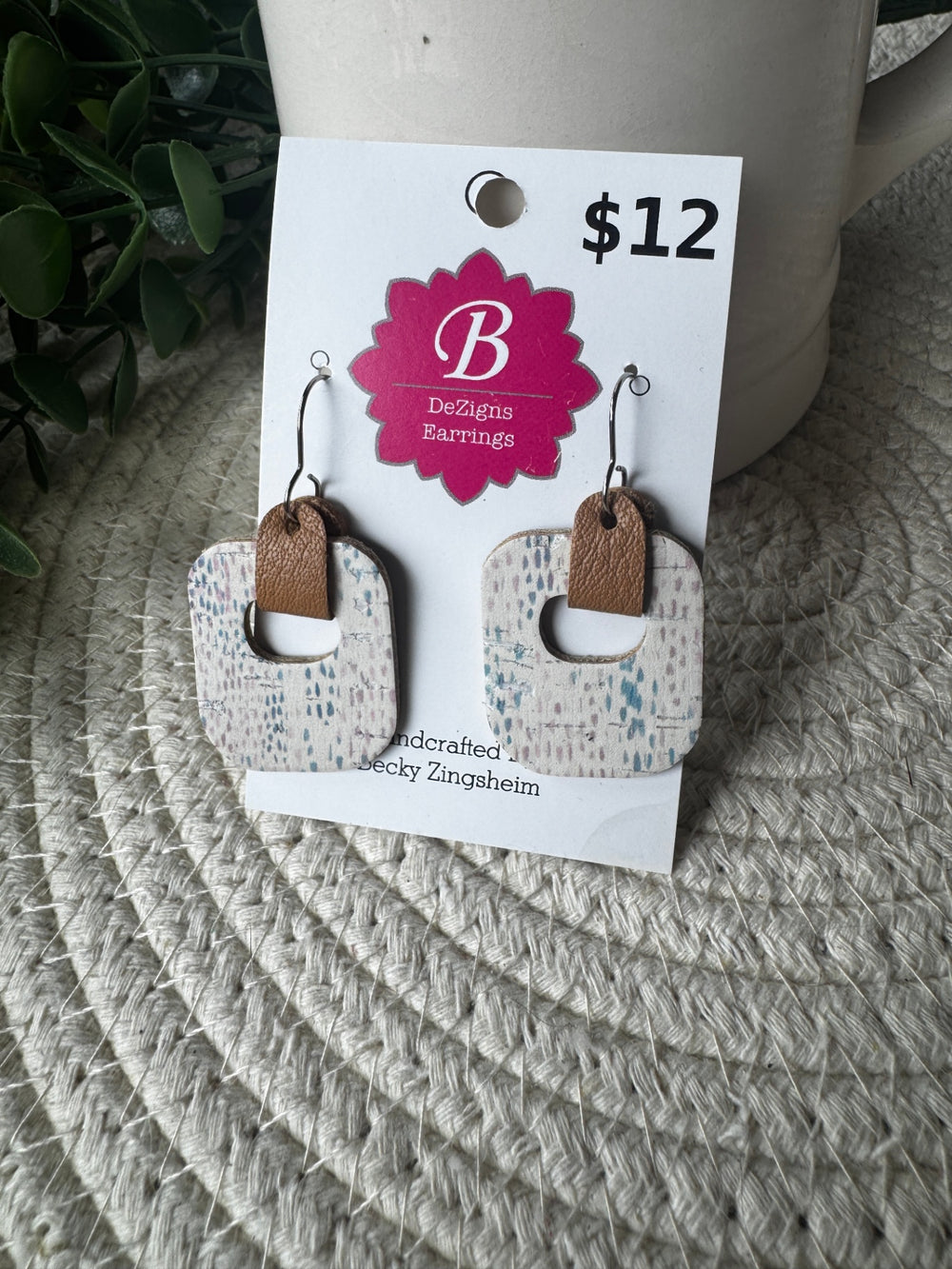 071 - Speckled Pastel Cork & Leather Open Geometric Earrings