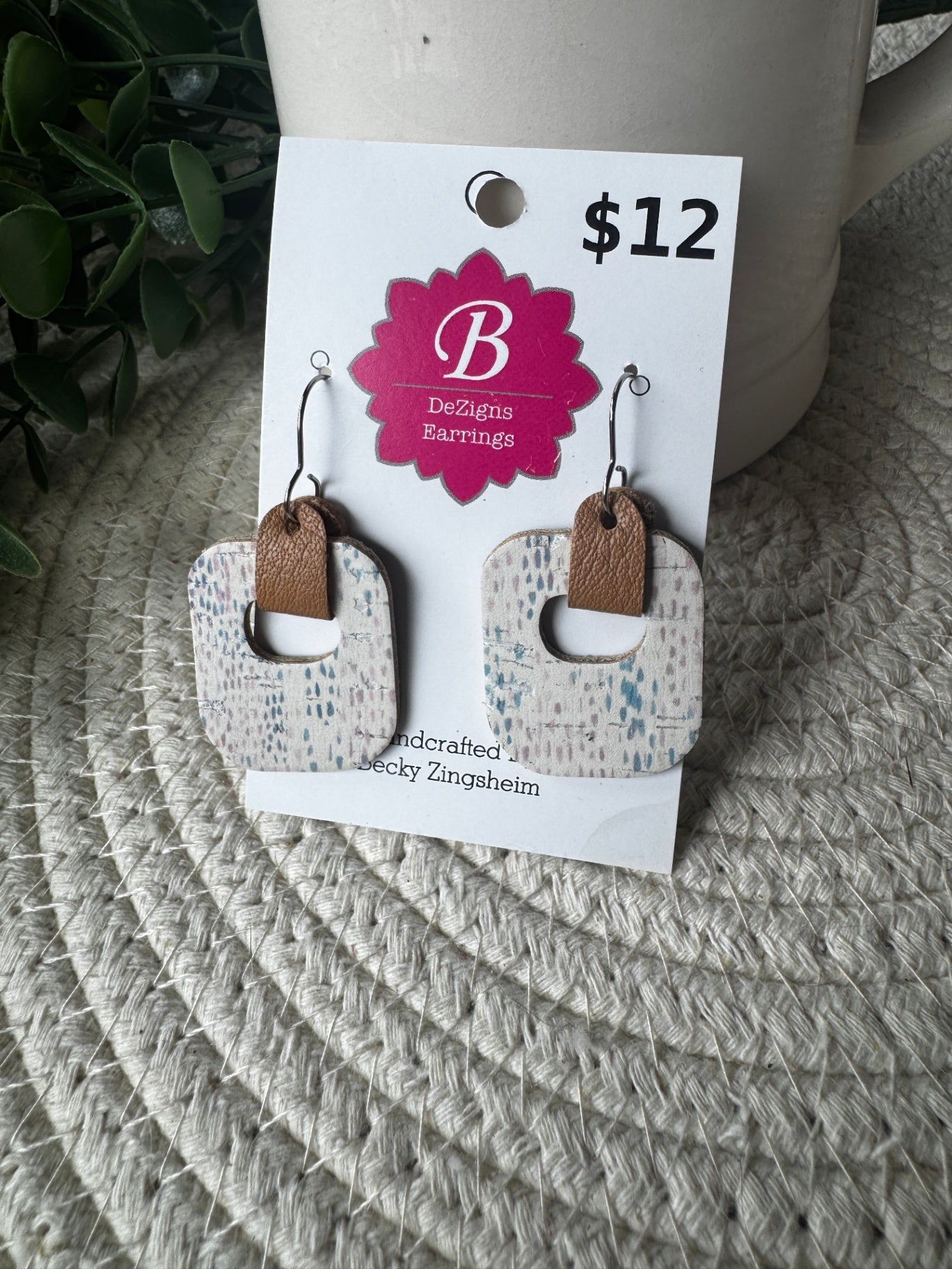 071 - Speckled Pastel Cork & Leather Open Geometric Earrings