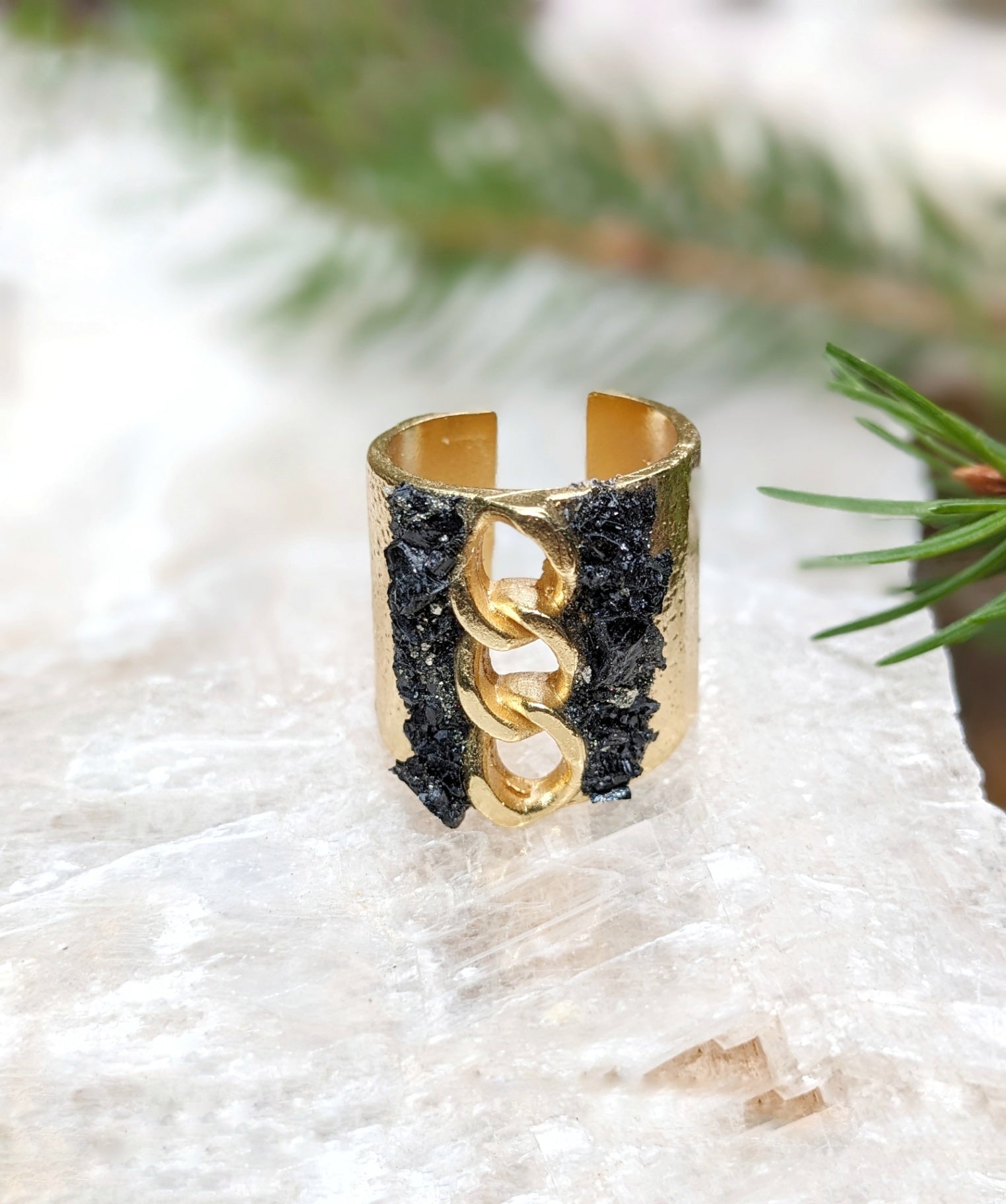 072 - Gold Plated Black Tourmaline Ring with Chain Detail