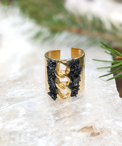 072 - Gold Plated Black Tourmaline Ring with Chain Detail