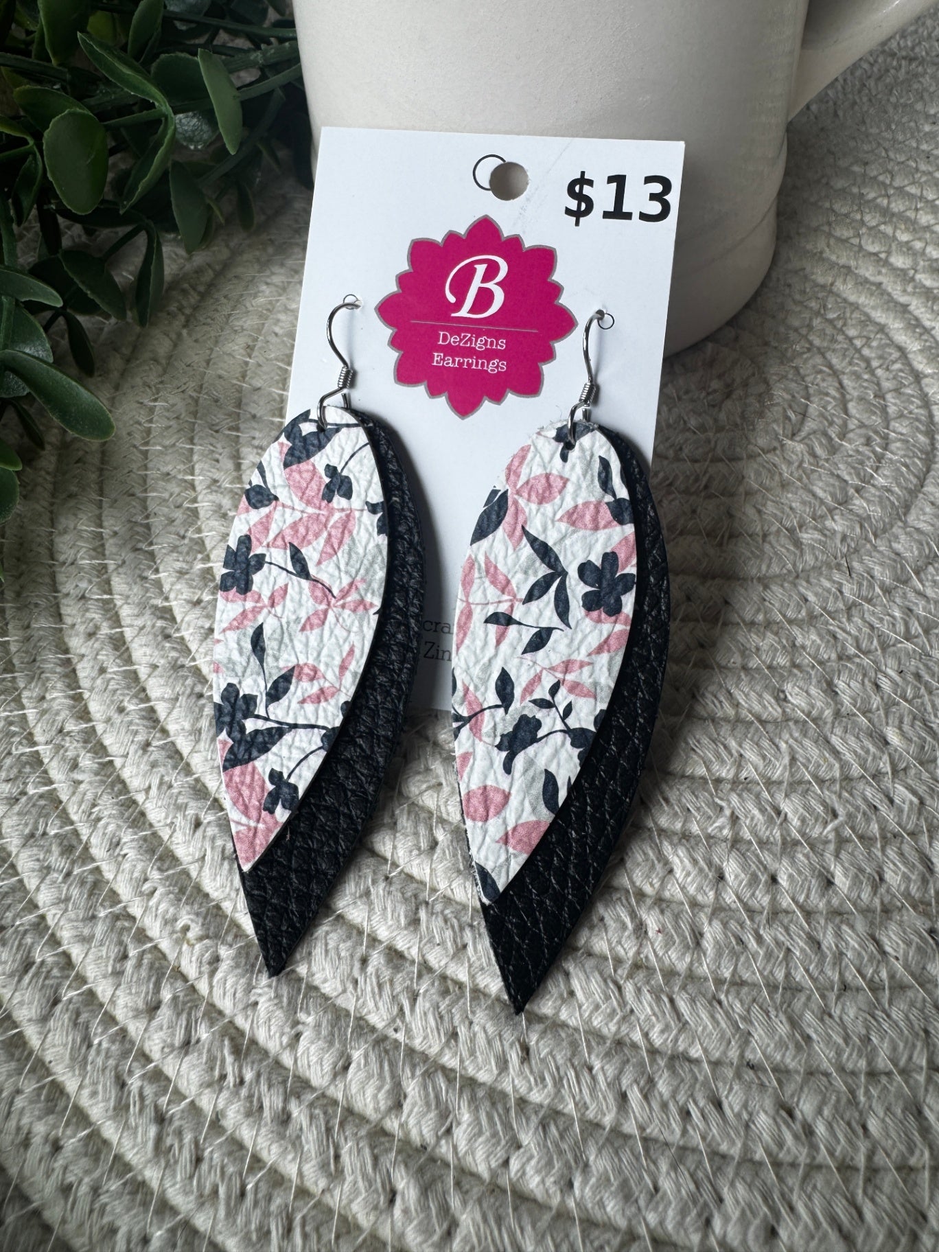 071 - Blush & Black Botanical Layered Leather Leaf Earrings