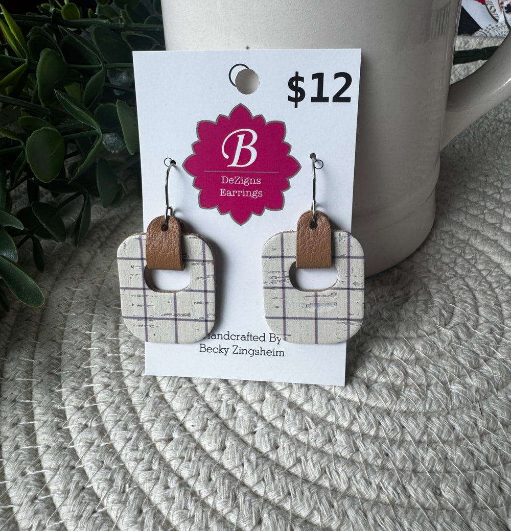 071 - Rustic Grid Cork & Leather Open Geometric Earrings