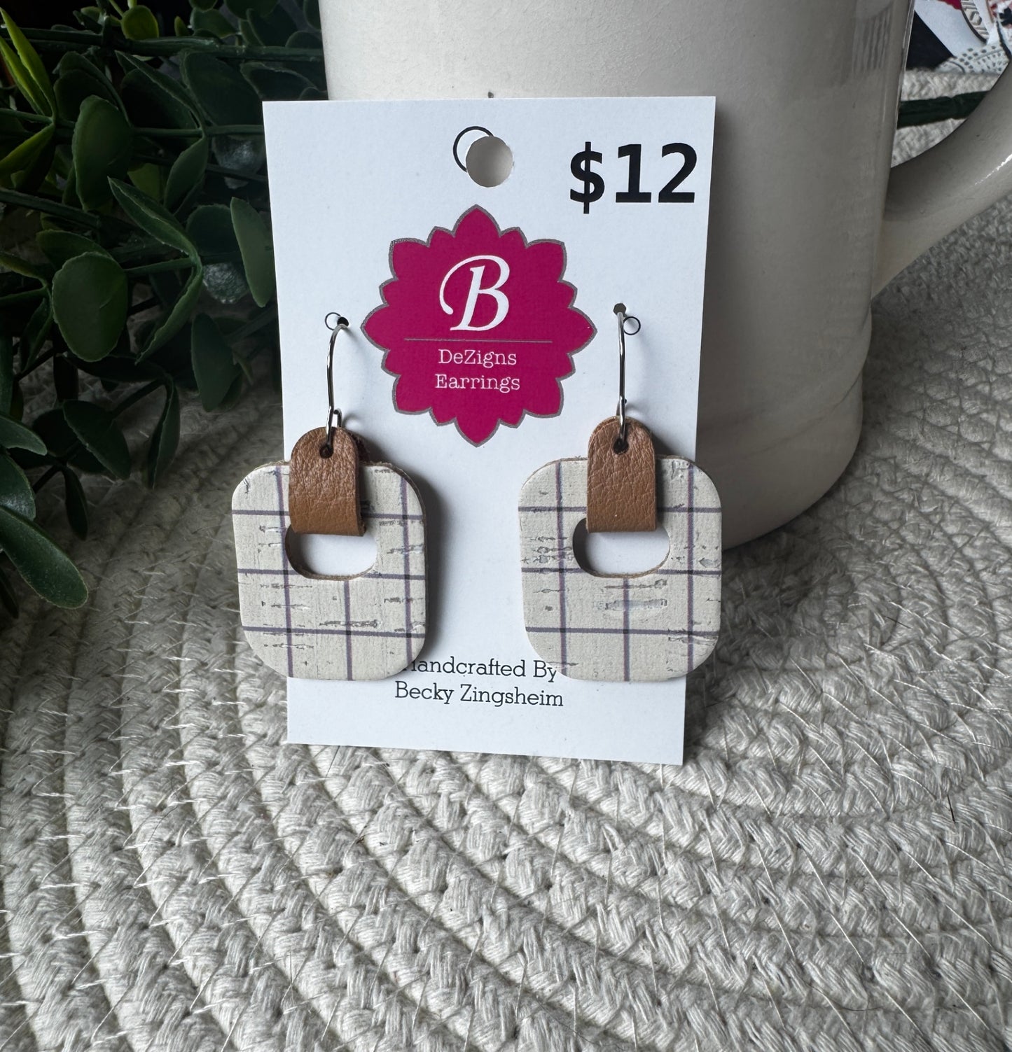  071 - Rustic Grid Cork & Leather Open Geometric Earrings