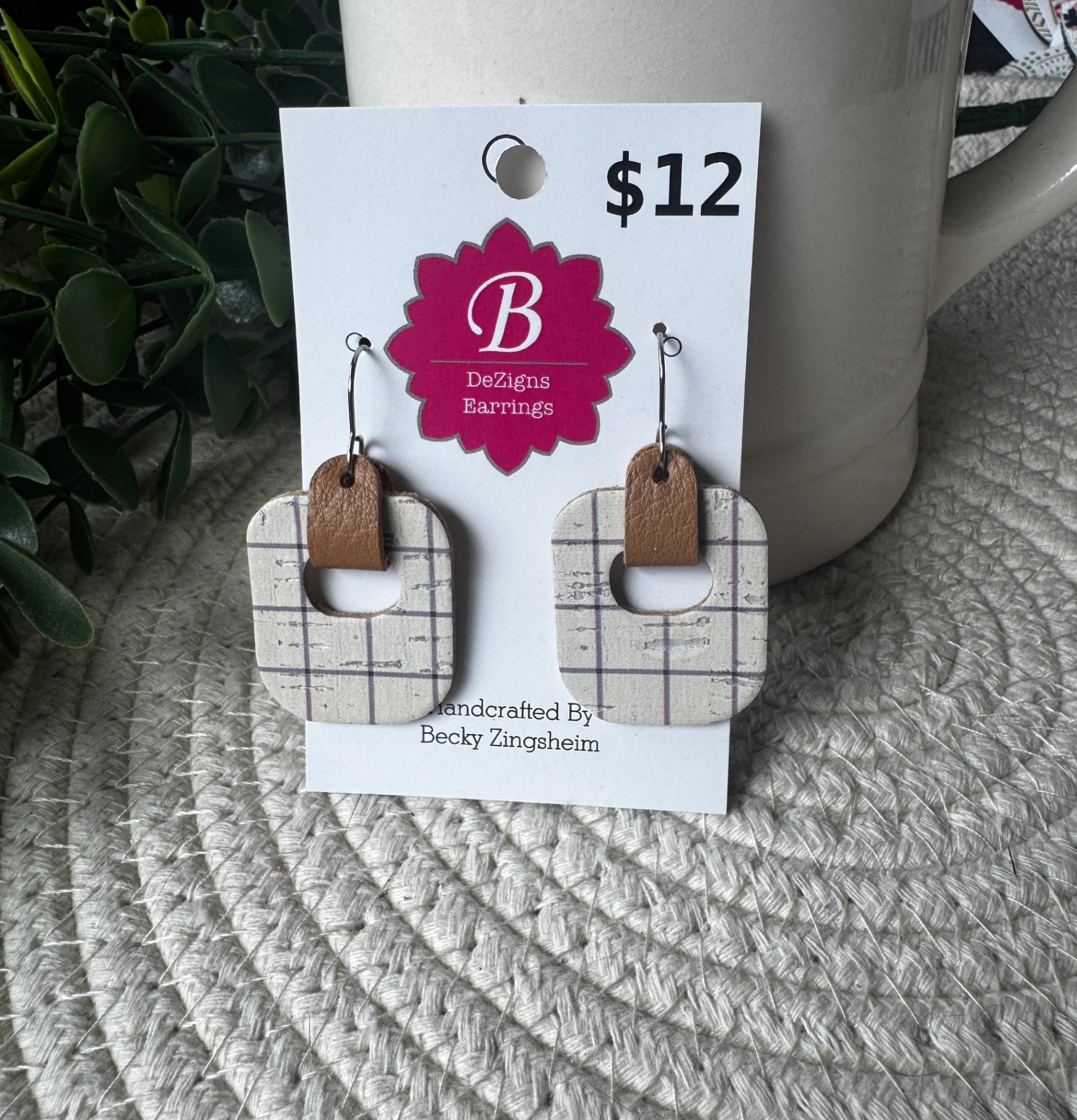  071 - Rustic Grid Cork & Leather Open Geometric Earrings