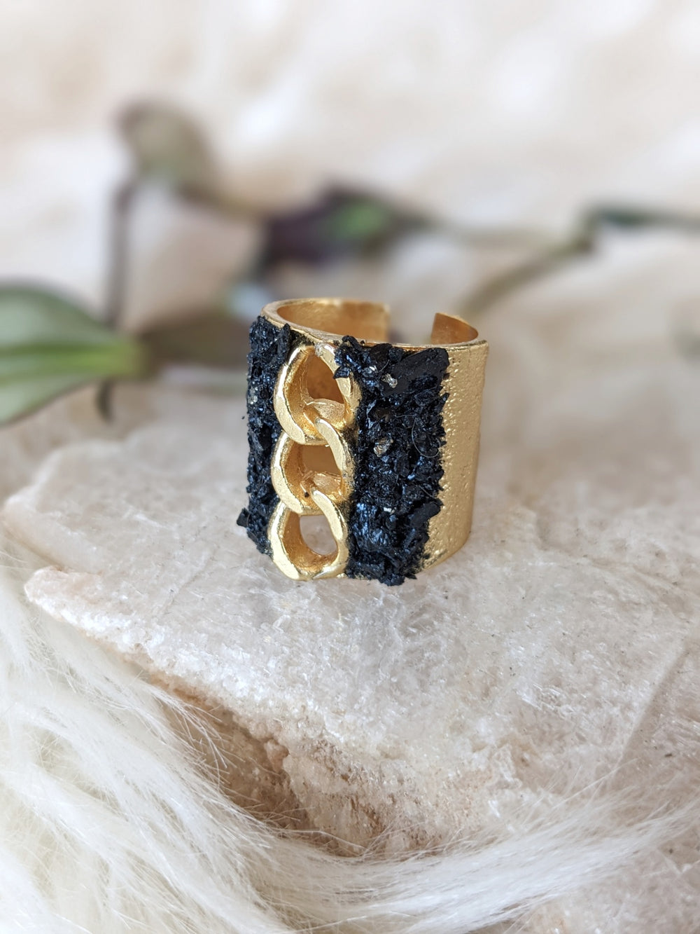072 - Gold Plated Black Tourmaline Ring with Chain Detail