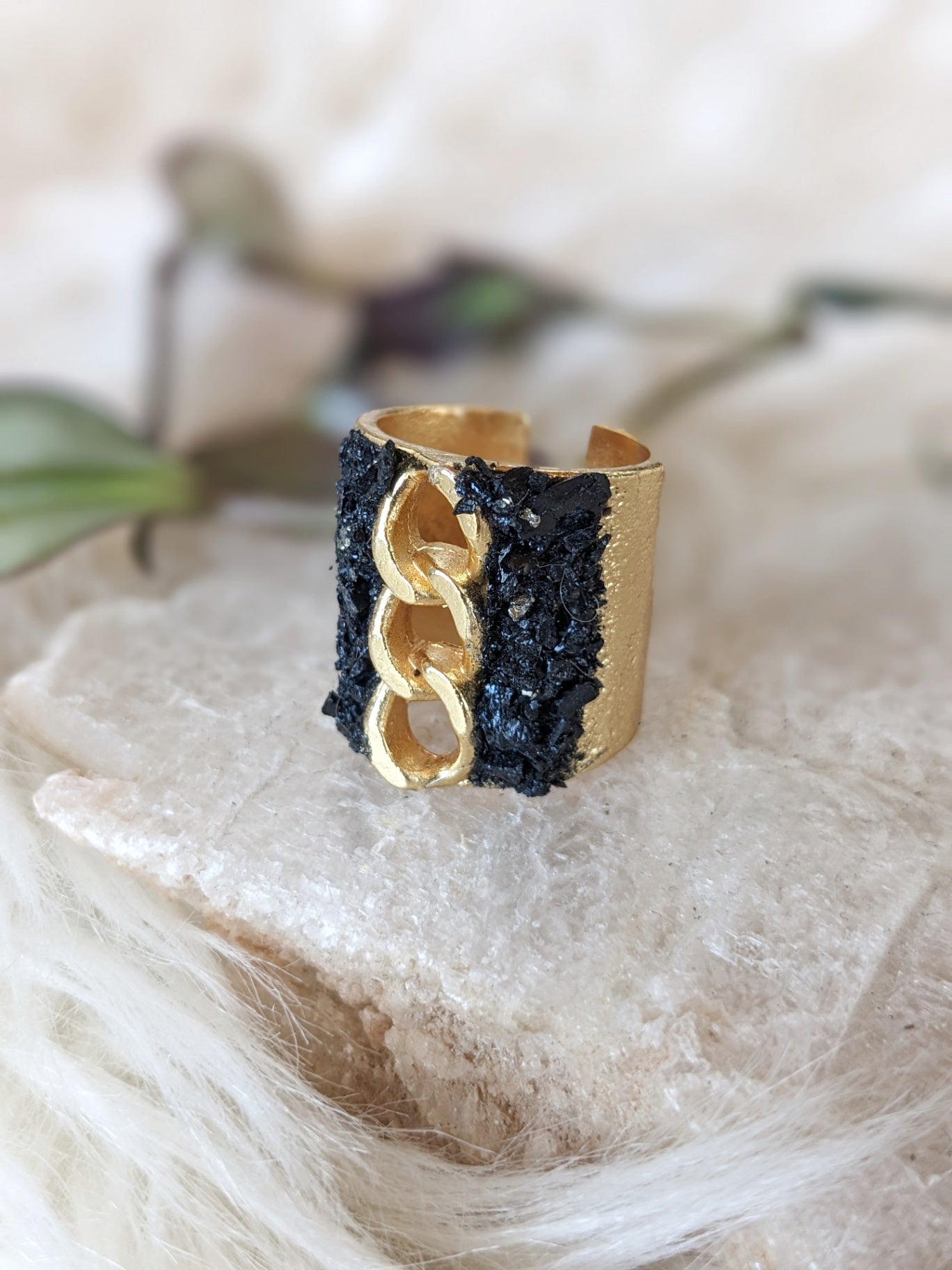 072 - Gold Plated Black Tourmaline Ring with Chain Detail