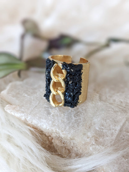 072 - Gold Plated Black Tourmaline Ring with Chain Detail
