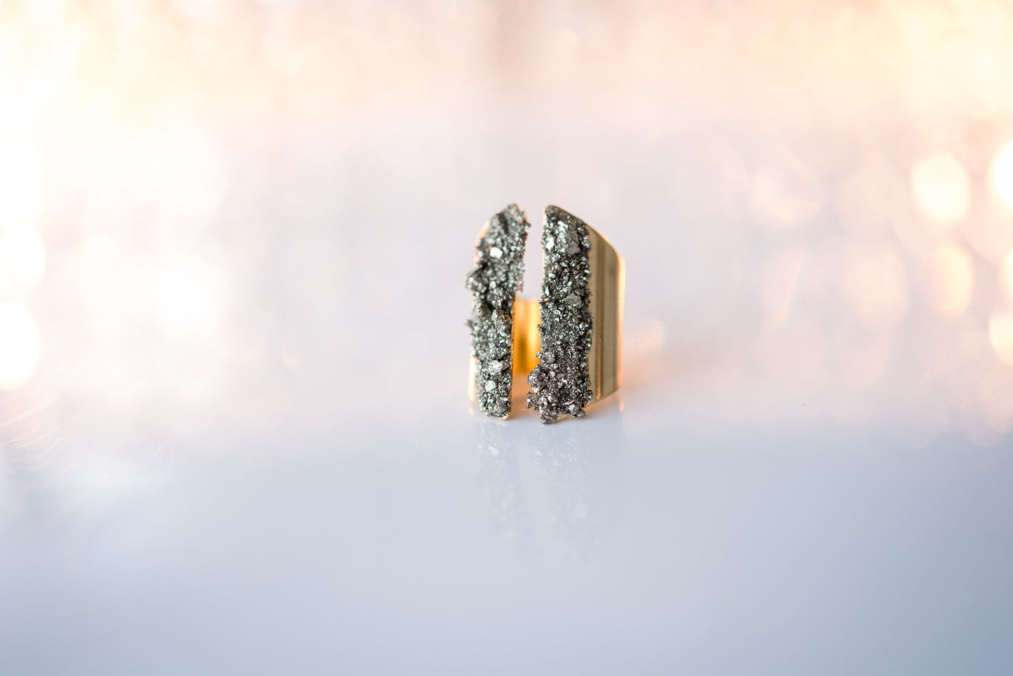 072 - Adjustable Raw Pyrite Stone Ring: Chunky Brass Statement Jewelry