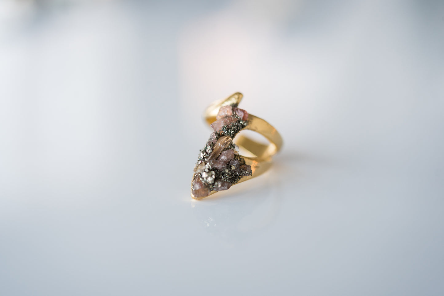 072 - Gold Plated Pyrite & Strawberry Quartz Adjustable Ring - Size 7+